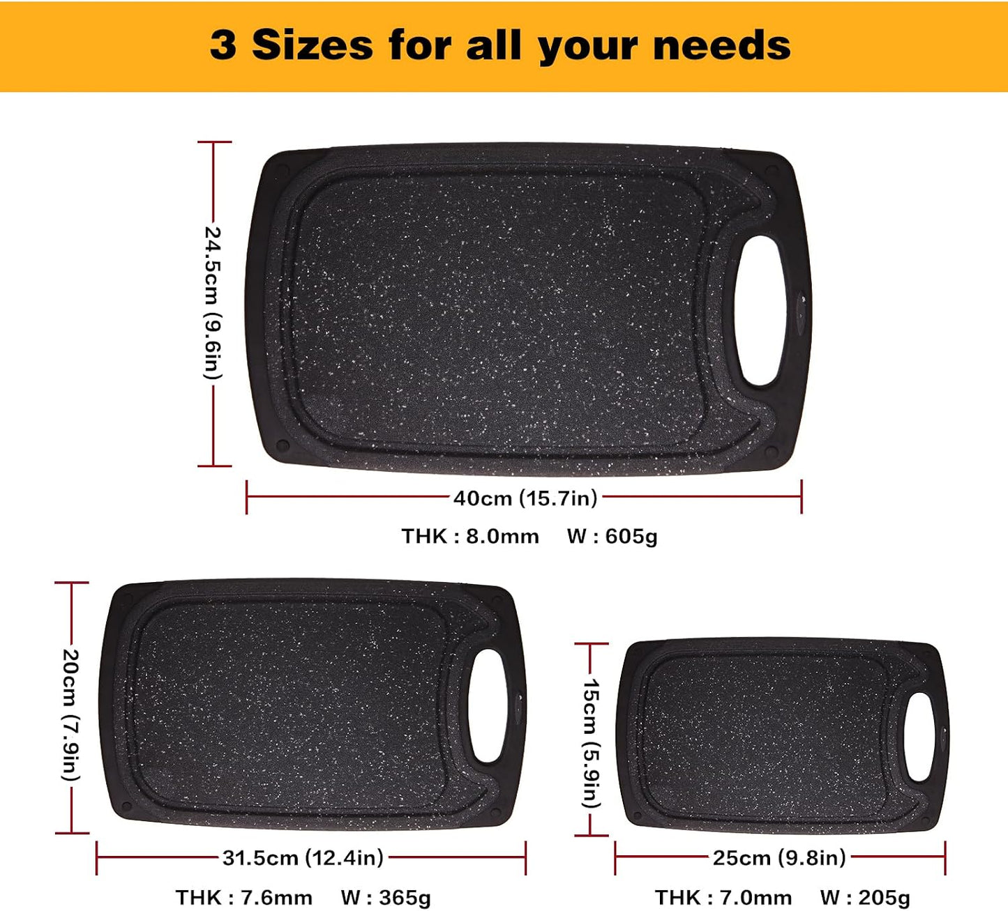 Cutting Board, Set of 3 Kitchen Plastic Chopping Boards Non-Slip Cutting Boards with Grip Handle Juice Grooves Grinding Groove Large Chopping Boards for Meat Vegetables Fruits.