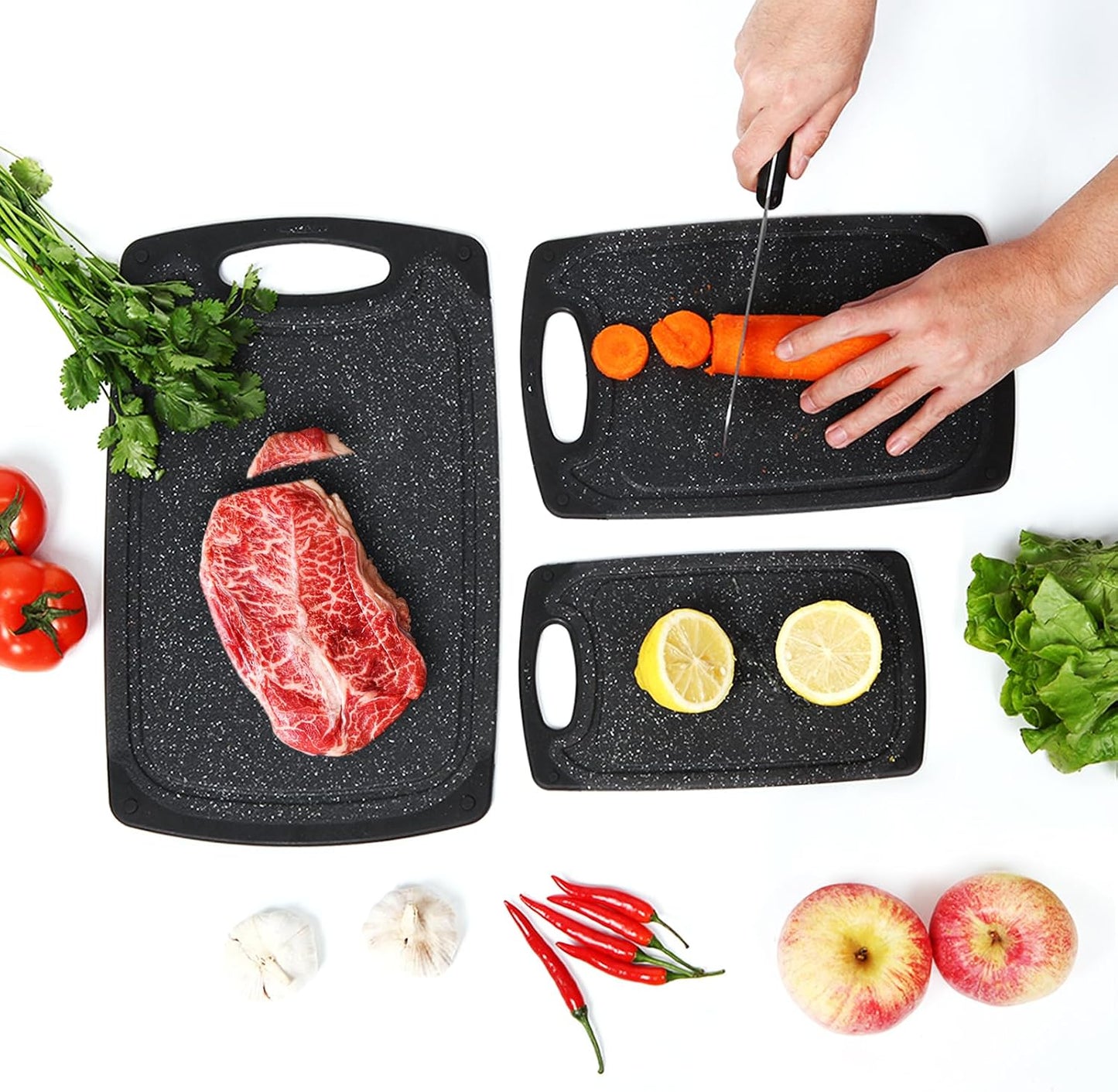 Cutting Board, Set of 3 Kitchen Plastic Chopping Boards Non-Slip Cutting Boards with Grip Handle Juice Grooves Grinding Groove Large Chopping Boards for Meat Vegetables Fruits.