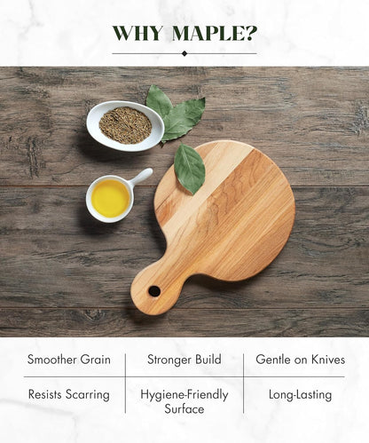 Canadian Maple Wood Cutting Board with Handle, 7 x 10 x 0.75 in | Multi-Purpose Charcuterie Board, Flat Paddle, for Meat, Cheese, Veggies, Serving