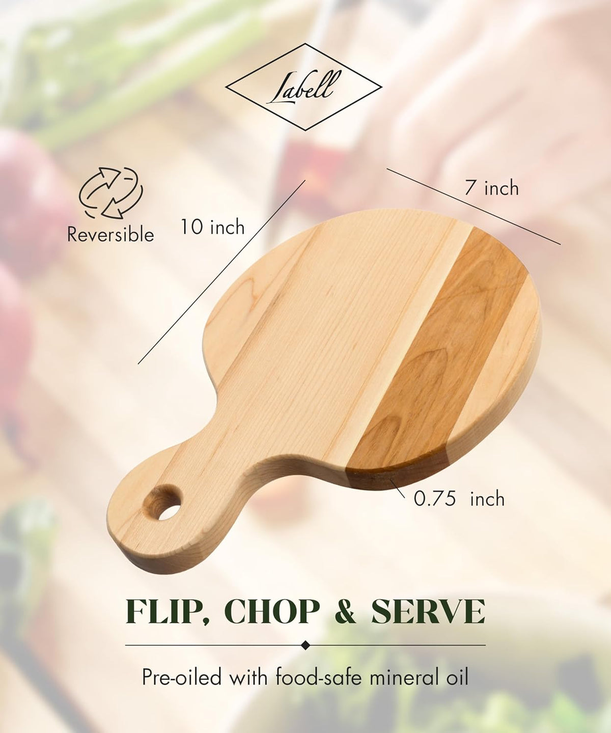Canadian Maple Wood Cutting Board with Handle, 7 x 10 x 0.75 in | Multi-Purpose Charcuterie Board, Flat Paddle, for Meat, Cheese, Veggies, Serving