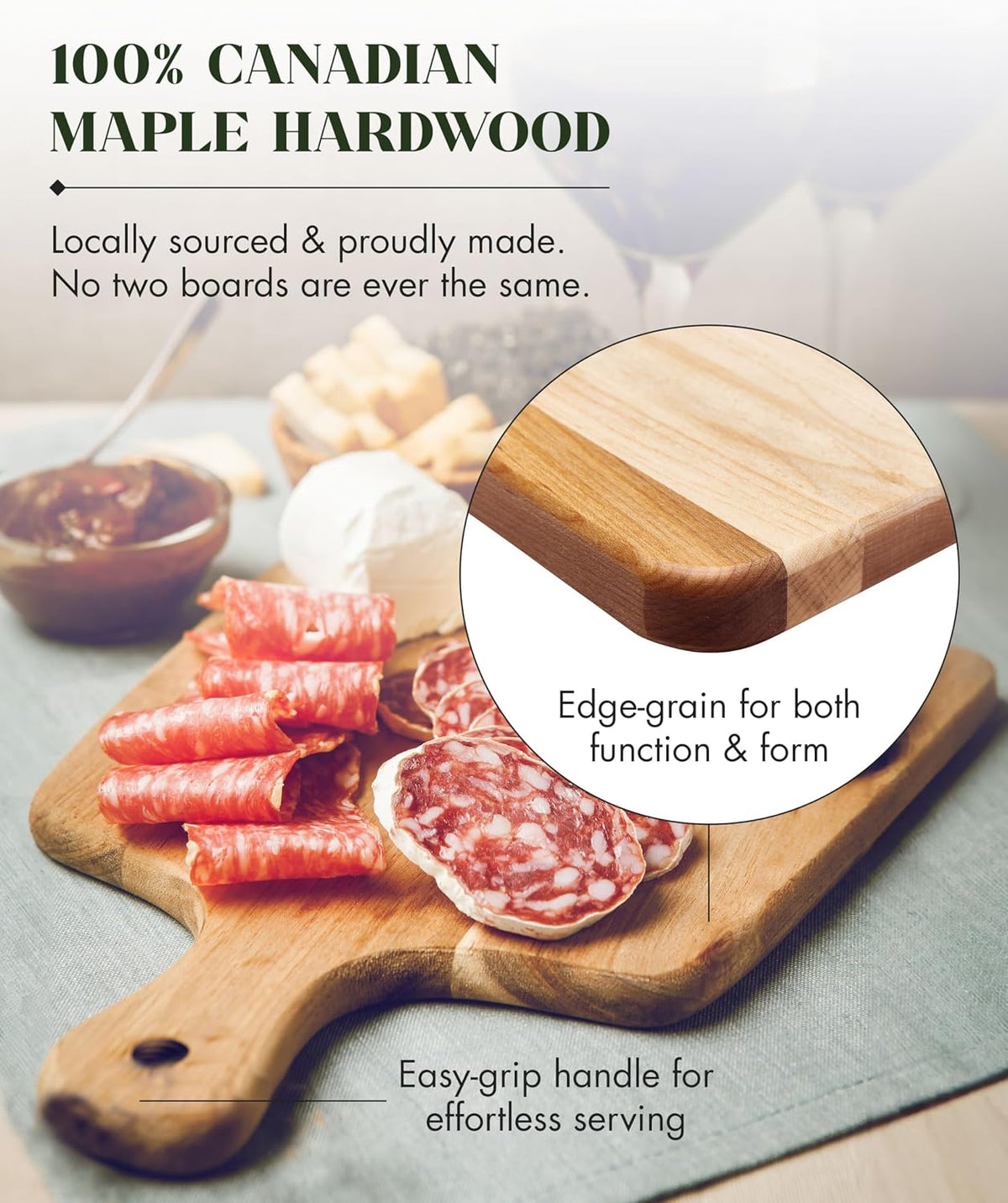 Canadian Maple Wood Cutting Board with Handle, 7 x 10 x 0.75 in | Multi-Purpose Charcuterie Board, Flat Paddle, for Meat, Cheese, Veggies, Serving