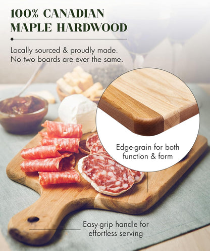 Canadian Maple Wood Cutting Board with Handle, 7 x 10 x 0.75 in | Multi-Purpose Charcuterie Board, Flat Paddle, for Meat, Cheese, Veggies, Serving