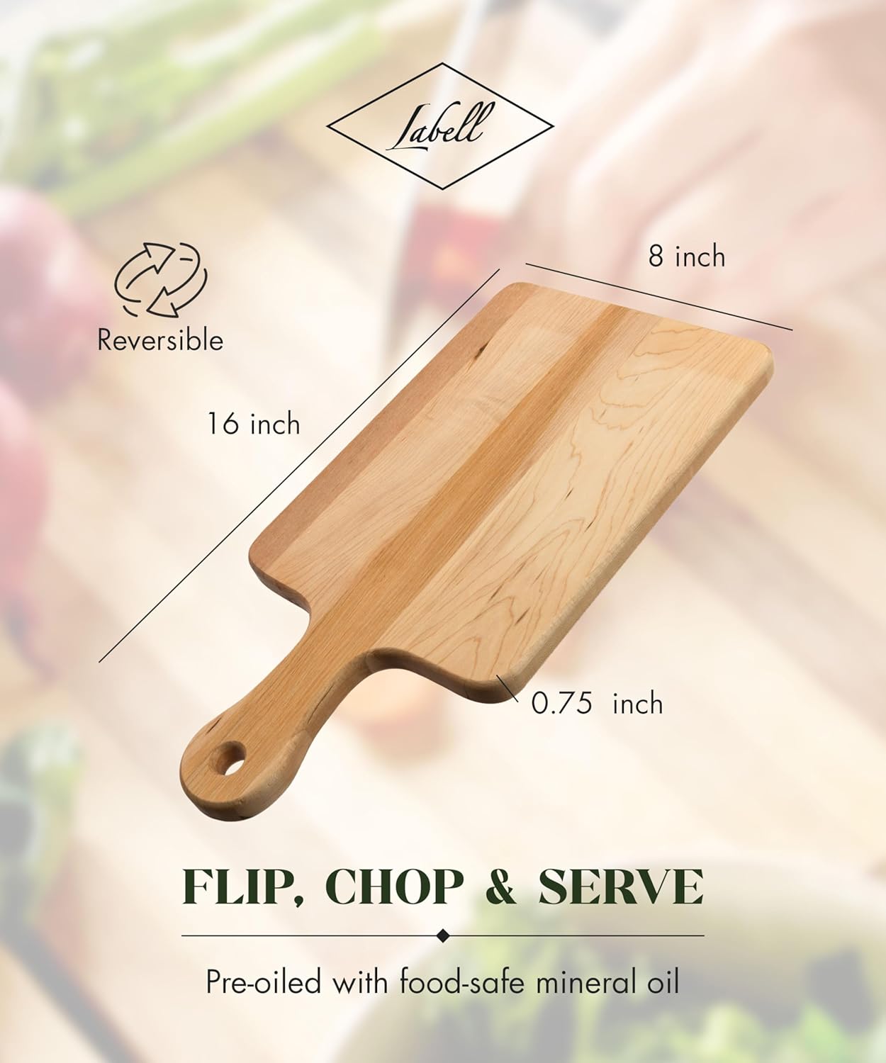 Canadian Maple Wood Cutting Board with Handle, 7 x 10 x 0.75 in | Multi-Purpose Charcuterie Board, Flat Paddle, for Meat, Cheese, Veggies, Serving