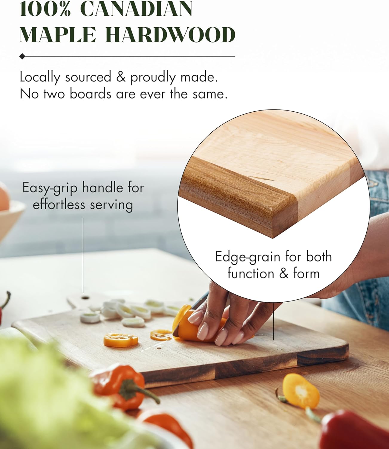 Canadian Maple Wood Cutting Board with Handle, 7 x 10 x 0.75 in | Multi-Purpose Charcuterie Board, Flat Paddle, for Meat, Cheese, Veggies, Serving