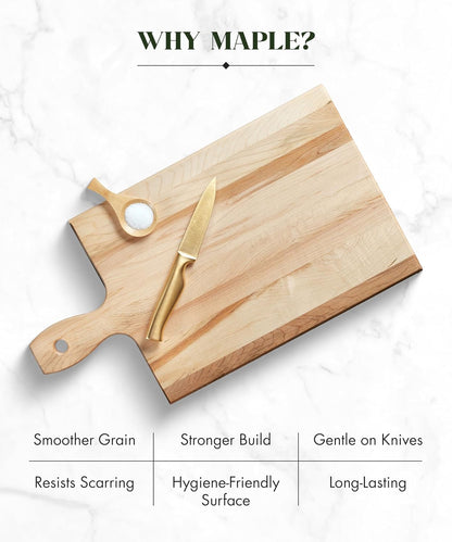 Canadian Maple Wood Cutting Board with Handle, 7 x 10 x 0.75 in | Multi-Purpose Charcuterie Board, Flat Paddle, for Meat, Cheese, Veggies, Serving
