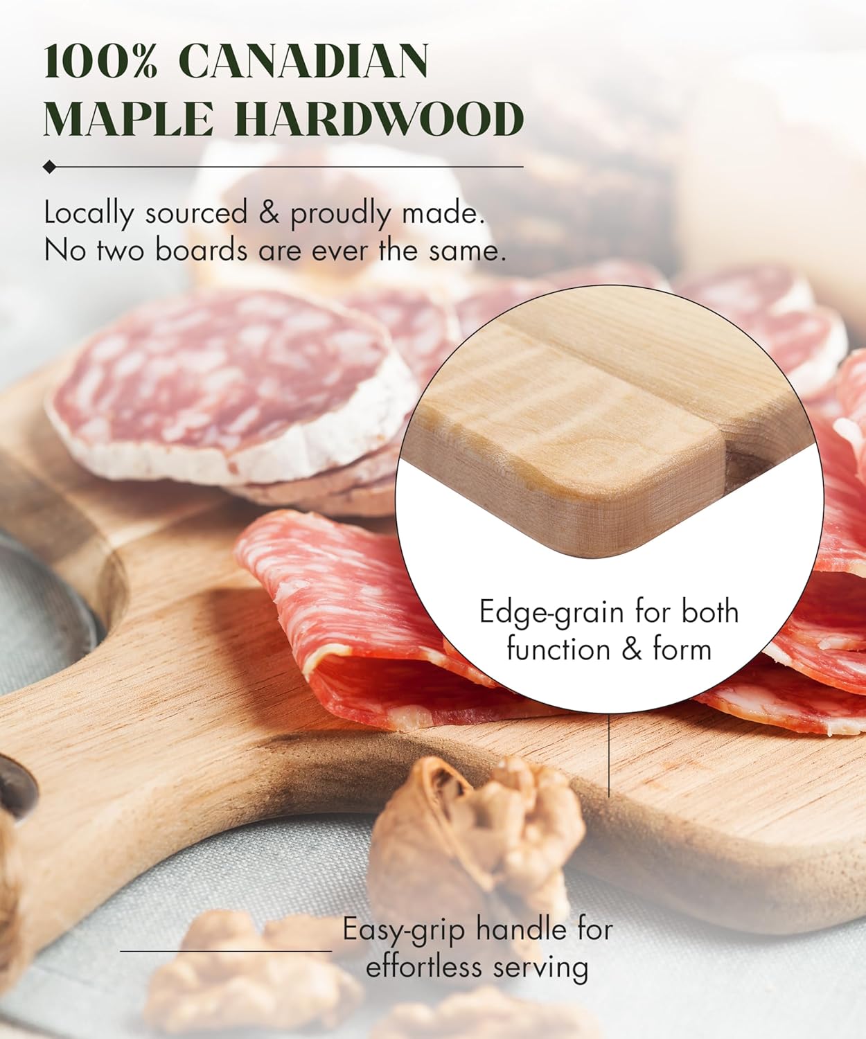 Canadian Maple Wood Cutting Board with Handle, 7 x 10 x 0.75 in | Multi-Purpose Charcuterie Board, Flat Paddle, for Meat, Cheese, Veggies, Serving