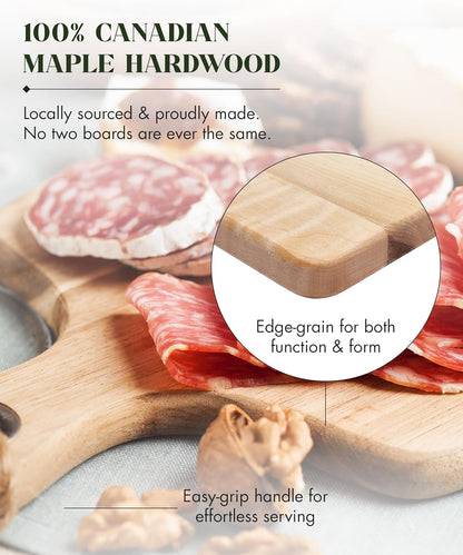 Canadian Maple Wood Cutting Board with Handle, 7 x 10 x 0.75 in | Multi-Purpose Charcuterie Board, Flat Paddle, for Meat, Cheese, Veggies, Serving