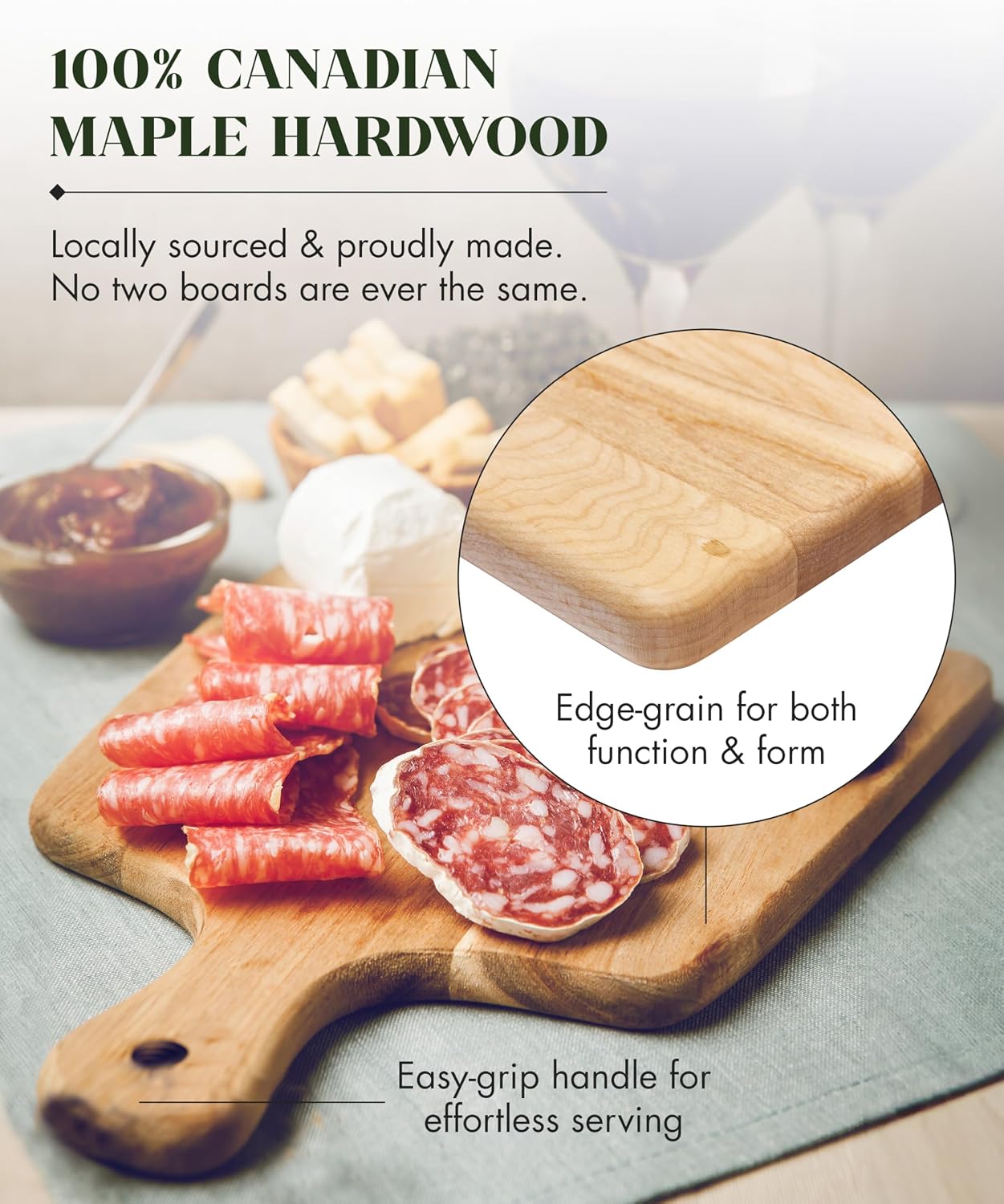 Canadian Maple Wood Cutting Board with Handle, 7 x 10 x 0.75 in | Multi-Purpose Charcuterie Board, Flat Paddle, for Meat, Cheese, Veggies, Serving