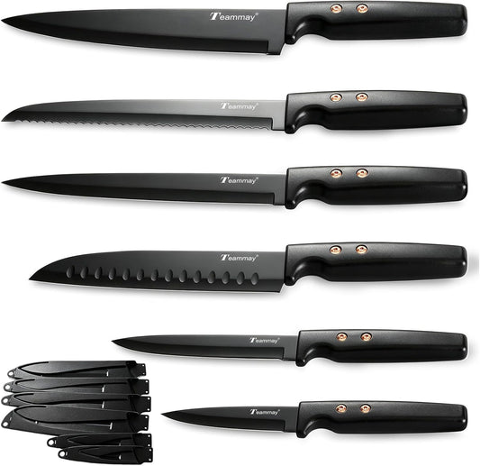 12-Piece Kitchen Knife Set, Stainless Steel Knives with Non-Stick Coating, Dishwasher Safe, Black Knife Set with Rose Gold Rivets 6 Blade Guards, Perfect for Home Chefs Cooking Enthusiasts