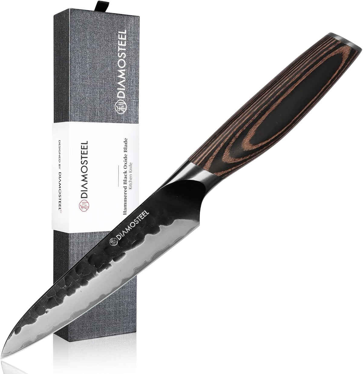 Utility Knife - 5-Inch Professional Kitchen Utility Knife - Hammered Black Oxide Blade Japanese 9CR18MOV High Carbon Stainless Steel - Ergonomic Pakkawood Handle with Present Box
