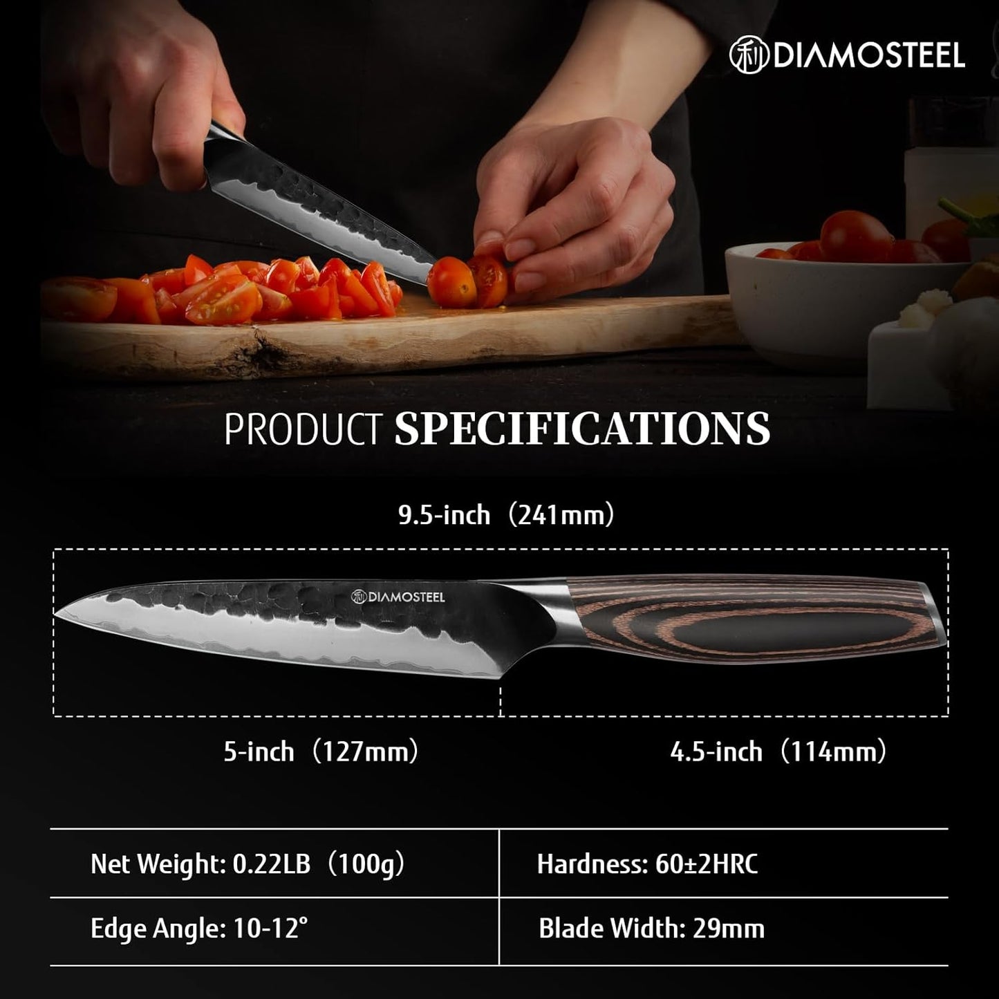 Utility Knife - 5-Inch Professional Kitchen Utility Knife - Hammered Black Oxide Blade Japanese 9CR18MOV High Carbon Stainless Steel - Ergonomic Pakkawood Handle with Present Box
