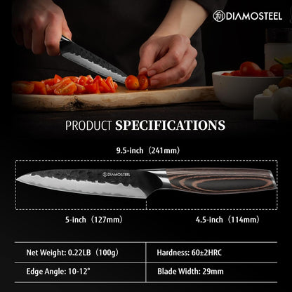 Utility Knife - 5-Inch Professional Kitchen Utility Knife - Hammered Black Oxide Blade Japanese 9CR18MOV High Carbon Stainless Steel - Ergonomic Pakkawood Handle with Present Box