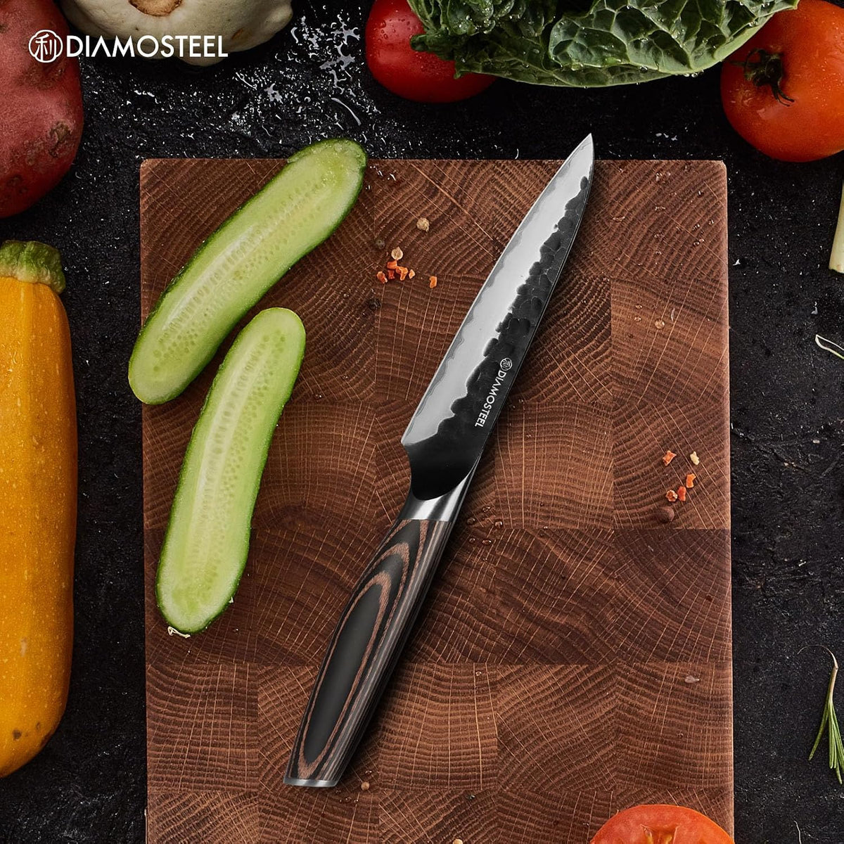 Utility Knife - 5-Inch Professional Kitchen Utility Knife - Hammered Black Oxide Blade Japanese 9CR18MOV High Carbon Stainless Steel - Ergonomic Pakkawood Handle with Present Box