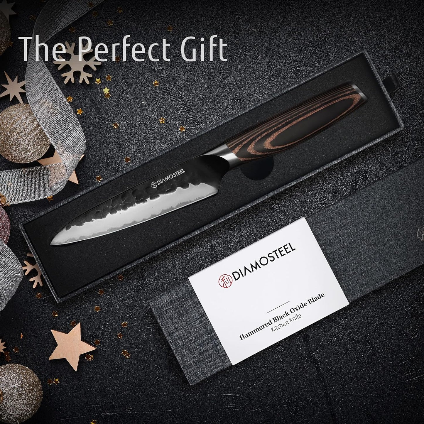Utility Knife - 5-Inch Professional Kitchen Utility Knife - Hammered Black Oxide Blade Japanese 9CR18MOV High Carbon Stainless Steel - Ergonomic Pakkawood Handle with Present Box