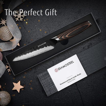 Utility Knife - 5-Inch Professional Kitchen Utility Knife - Hammered Black Oxide Blade Japanese 9CR18MOV High Carbon Stainless Steel - Ergonomic Pakkawood Handle with Present Box