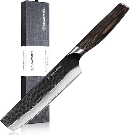 Utility Knife - 5-Inch Professional Kitchen Utility Knife - Hammered Black Oxide Blade Japanese 9CR18MOV High Carbon Stainless Steel - Ergonomic Pakkawood Handle with Present Box