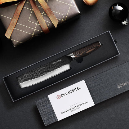 Utility Knife - 5-Inch Professional Kitchen Utility Knife - Hammered Black Oxide Blade Japanese 9CR18MOV High Carbon Stainless Steel - Ergonomic Pakkawood Handle with Present Box