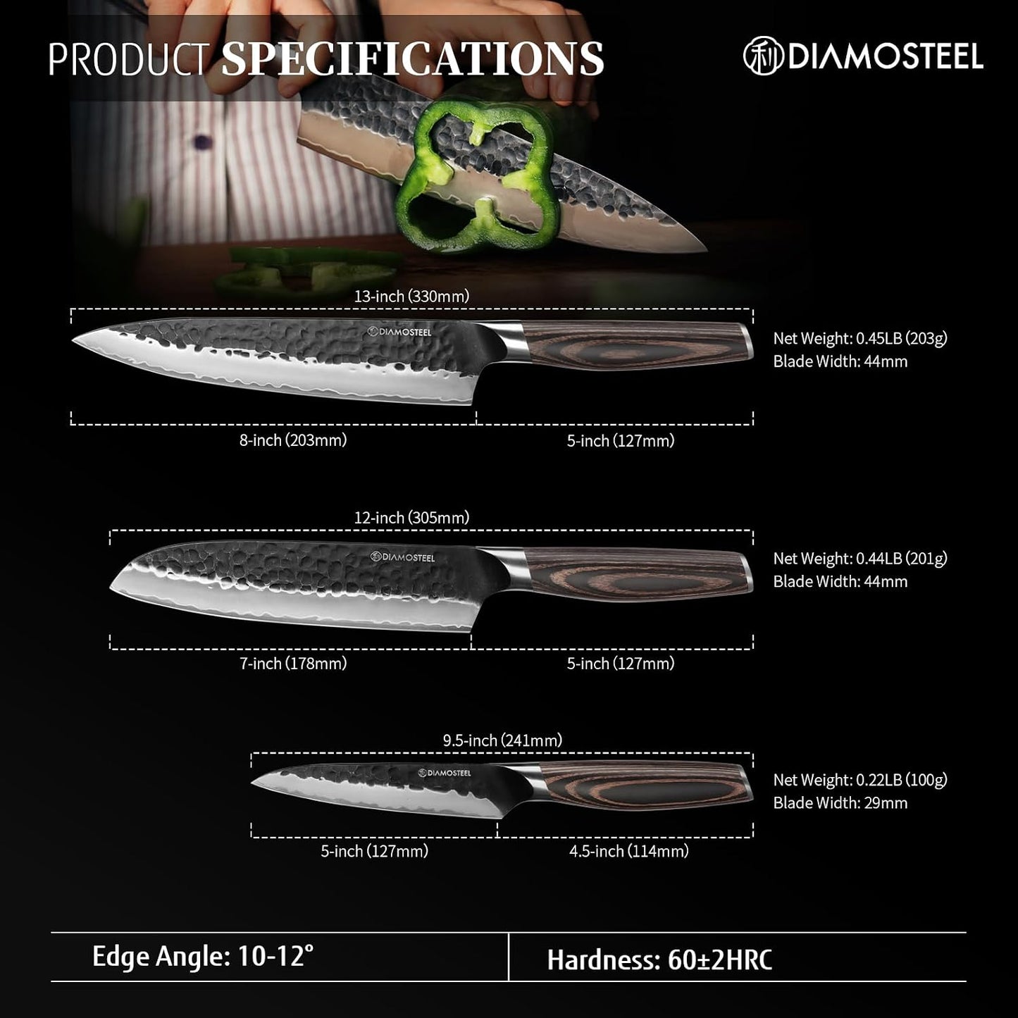 Utility Knife - 5-Inch Professional Kitchen Utility Knife - Hammered Black Oxide Blade Japanese 9CR18MOV High Carbon Stainless Steel - Ergonomic Pakkawood Handle with Present Box