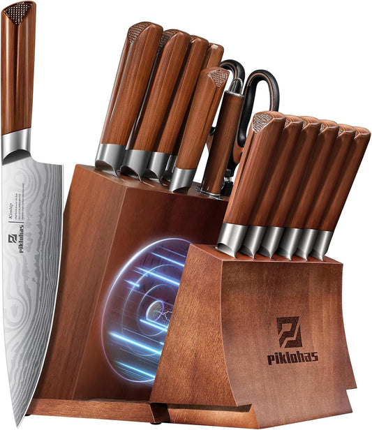 Kitchen Knife Sets With Block, 15 Pieces Knife Sets With Magnetic Detachable Knife Holder, High Carbon Steel Damascus Pattern Chef Knife Set With Steak Knives, Ideal For House Warming Gift
