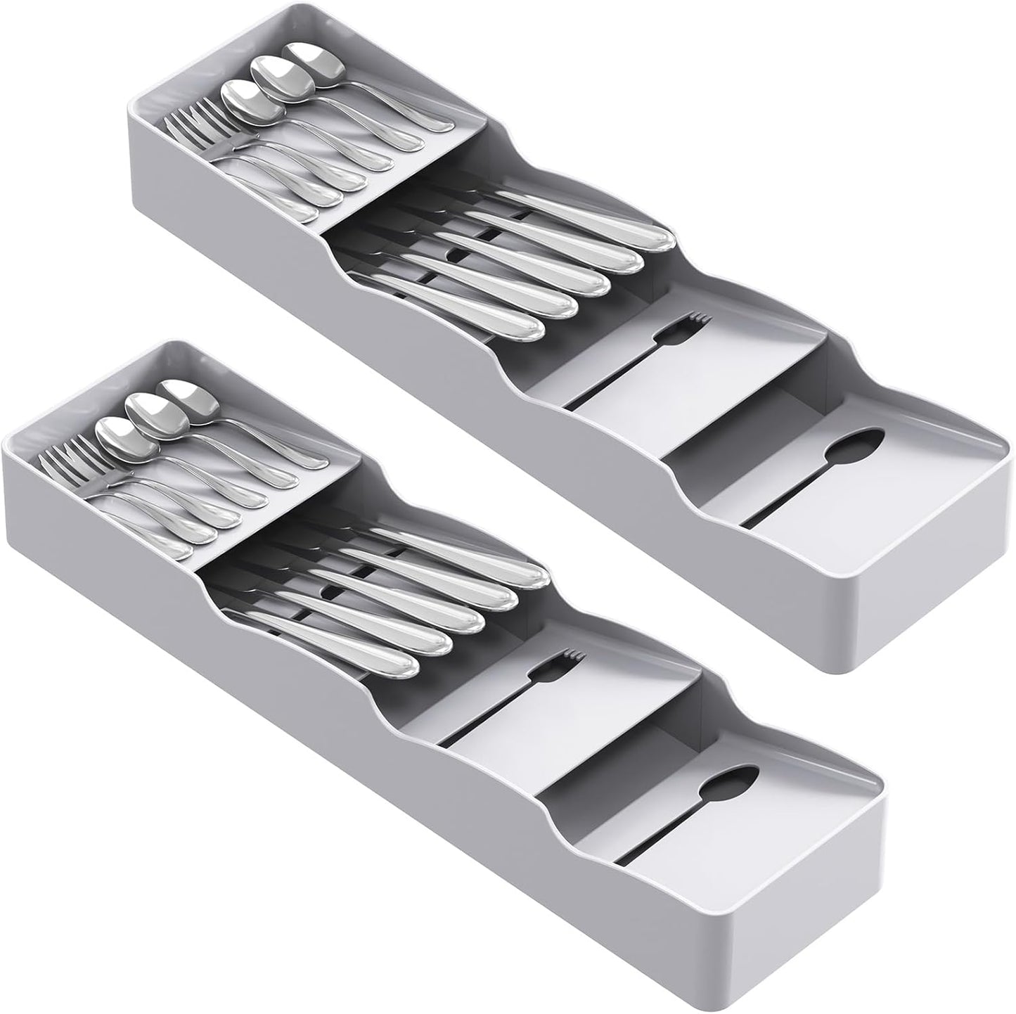 Compact Flatware Drawer Organizer, Narrow Silverware Tray for Kitchen Drawers, Plastic Cutlery Holder for Spoons, Forks and Knives, Utensils Storage Organization, 2 Pack, Gray