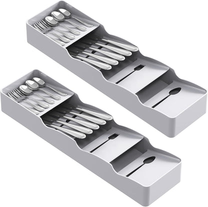 Compact Flatware Drawer Organizer, Narrow Silverware Tray for Kitchen Drawers, Plastic Cutlery Holder for Spoons, Forks and Knives, Utensils Storage Organization, 2 Pack, Gray