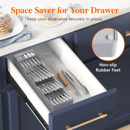 Compact Flatware Drawer Organizer, Narrow Silverware Tray for Kitchen Drawers, Plastic Cutlery Holder for Spoons, Forks and Knives, Utensils Storage Organization, 2 Pack, Gray