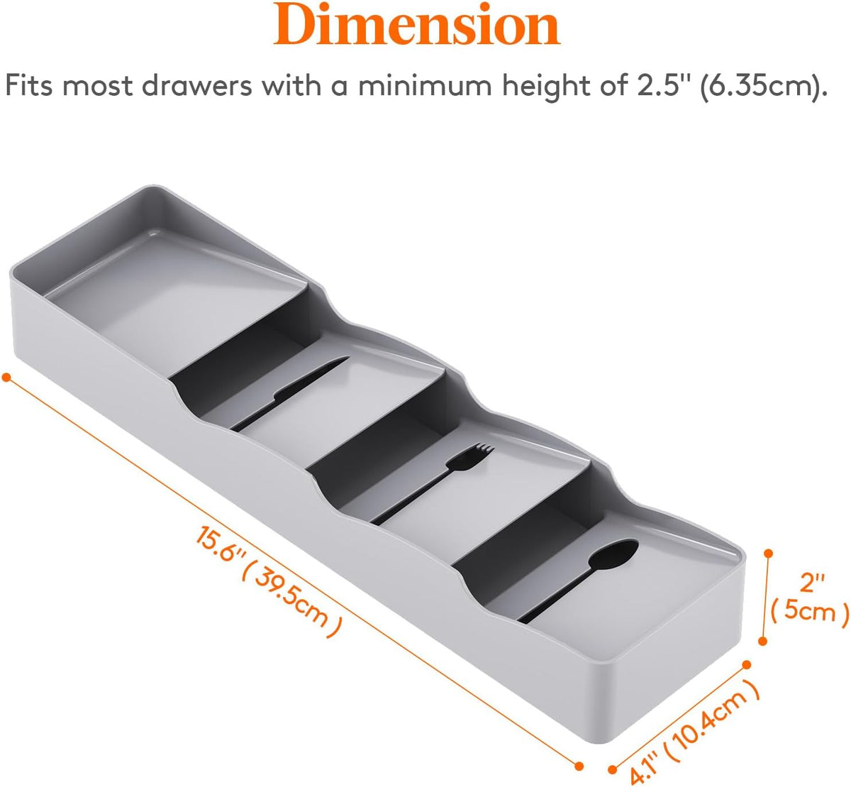 Compact Flatware Drawer Organizer, Narrow Silverware Tray for Kitchen Drawers, Plastic Cutlery Holder for Spoons, Forks and Knives, Utensils Storage Organization, 2 Pack, Gray