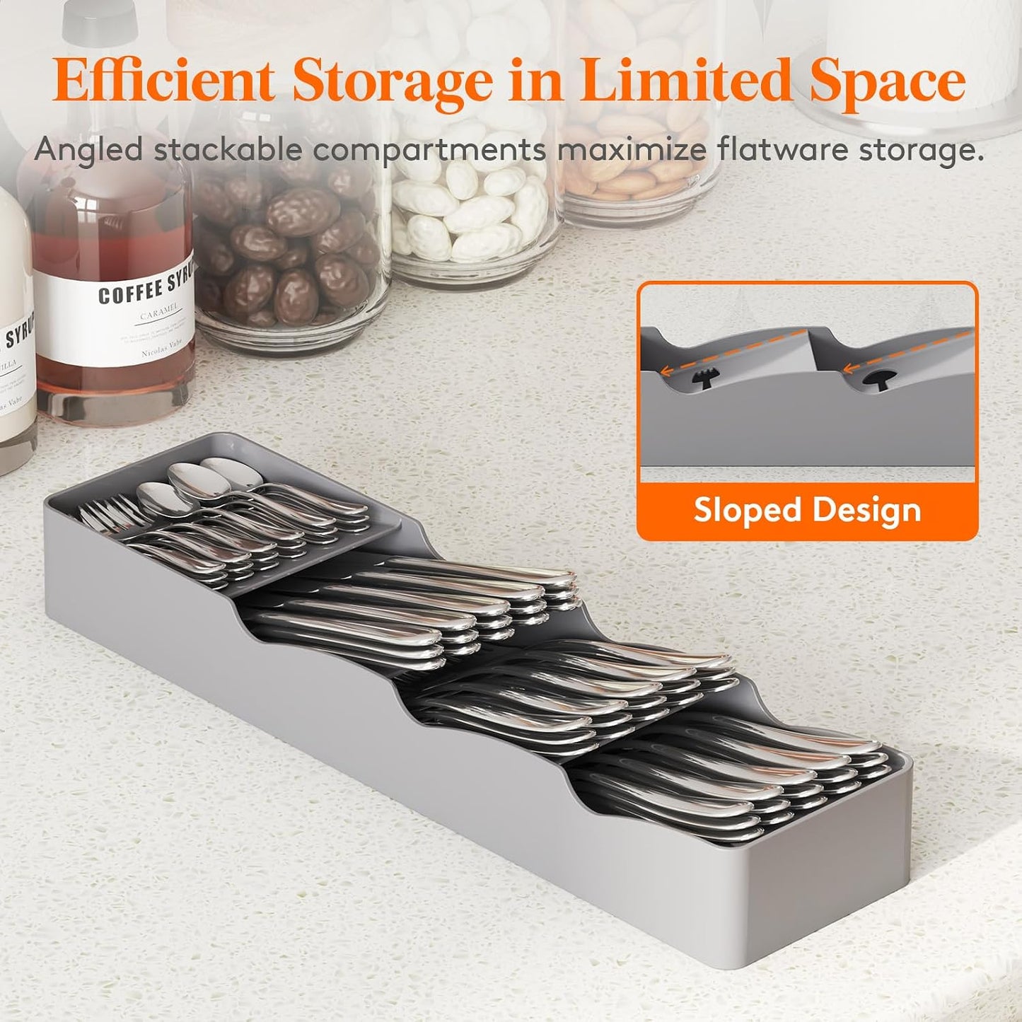 Compact Flatware Drawer Organizer, Narrow Silverware Tray for Kitchen Drawers, Plastic Cutlery Holder for Spoons, Forks and Knives, Utensils Storage Organization, 2 Pack, Gray