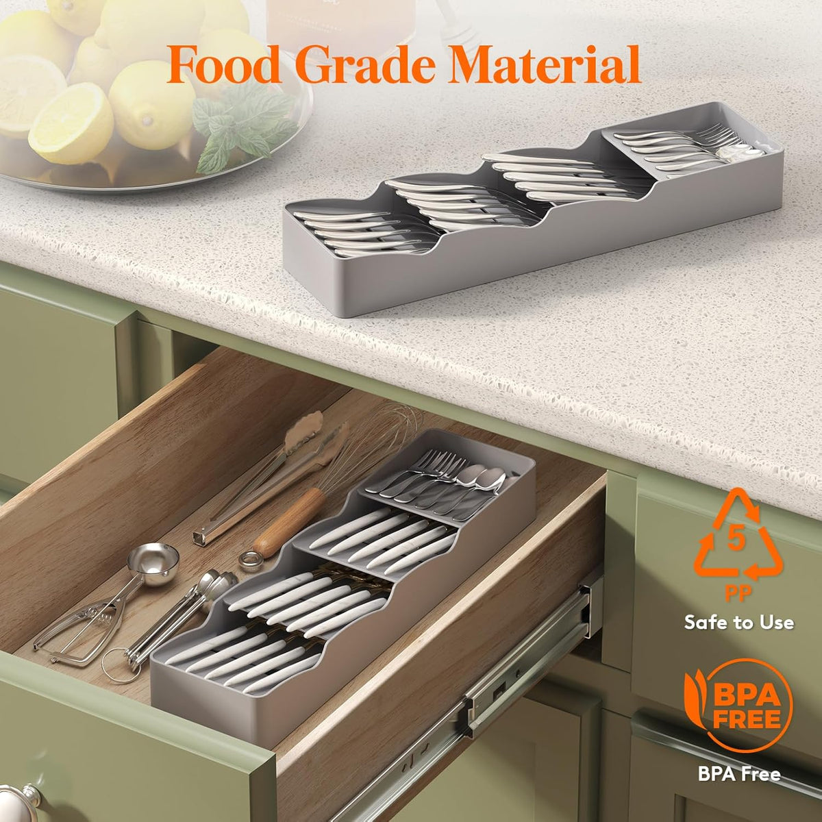 Compact Flatware Drawer Organizer, Narrow Silverware Tray for Kitchen Drawers, Plastic Cutlery Holder for Spoons, Forks and Knives, Utensils Storage Organization, 2 Pack, Gray