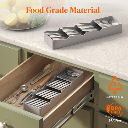 Compact Flatware Drawer Organizer, Narrow Silverware Tray for Kitchen Drawers, Plastic Cutlery Holder for Spoons, Forks and Knives, Utensils Storage Organization, 2 Pack, Gray