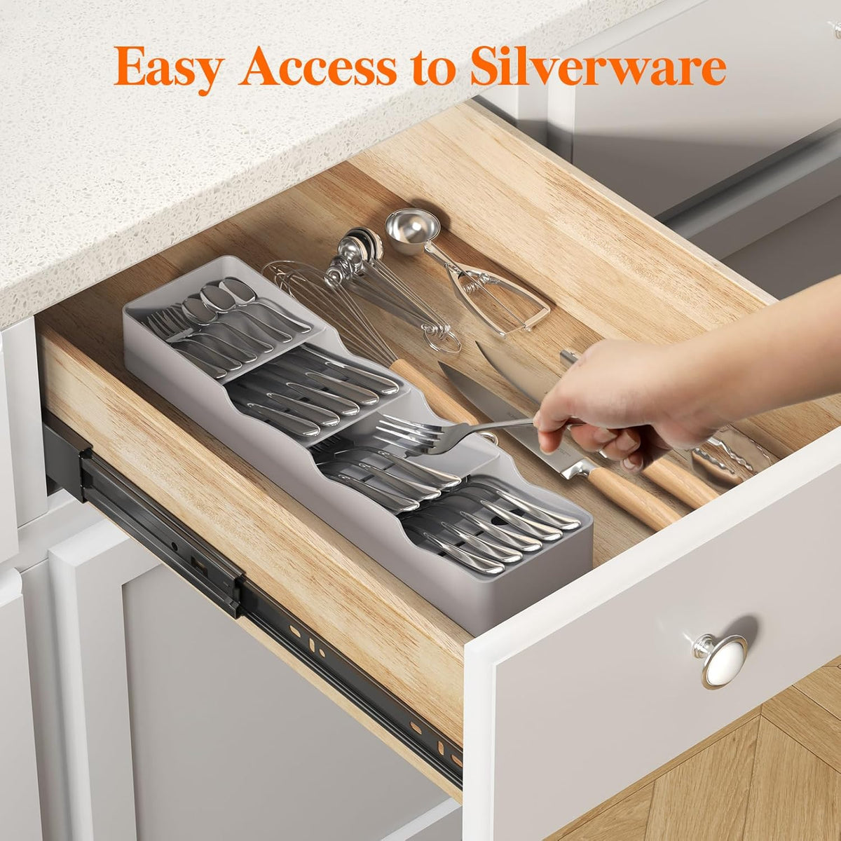 Compact Flatware Drawer Organizer, Narrow Silverware Tray for Kitchen Drawers, Plastic Cutlery Holder for Spoons, Forks and Knives, Utensils Storage Organization, 2 Pack, Gray
