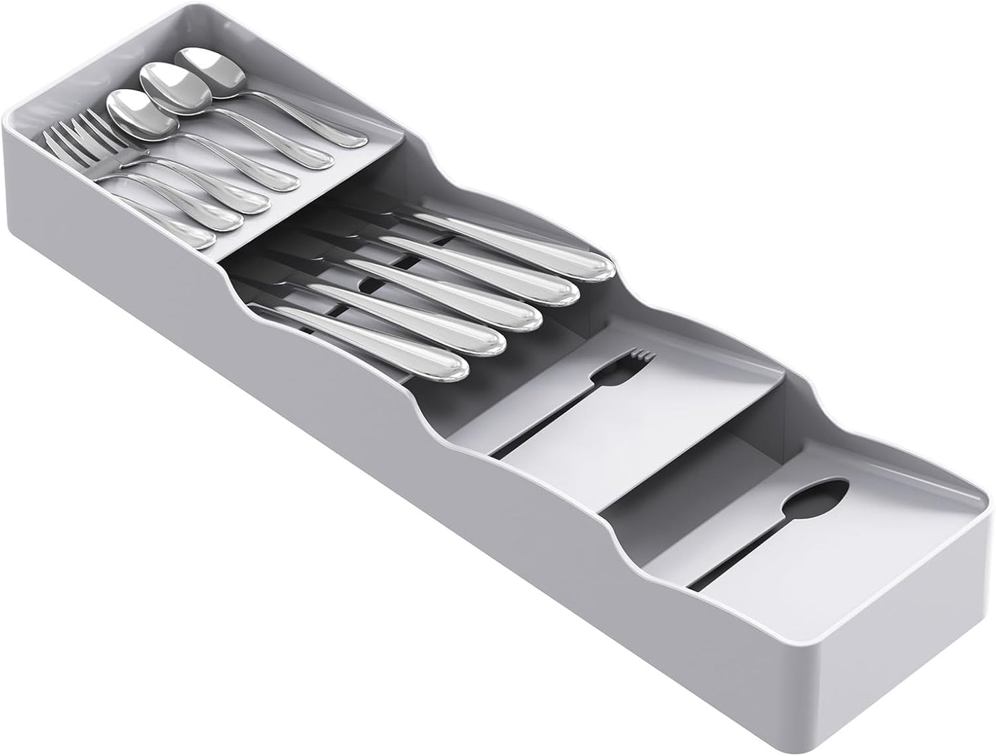 Compact Flatware Drawer Organizer, Narrow Silverware Tray for Kitchen Drawers, Plastic Cutlery Holder for Spoons, Forks and Knives, Utensils Storage Organization, 2 Pack, Gray