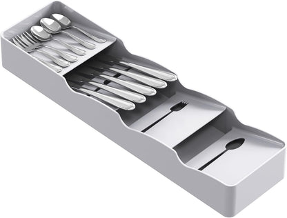 Compact Flatware Drawer Organizer, Narrow Silverware Tray for Kitchen Drawers, Plastic Cutlery Holder for Spoons, Forks and Knives, Utensils Storage Organization, 2 Pack, Gray