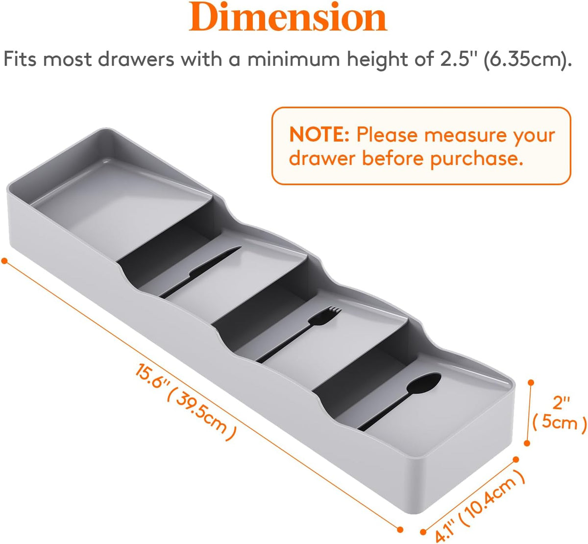 Compact Flatware Drawer Organizer, Narrow Silverware Tray for Kitchen Drawers, Plastic Cutlery Holder for Spoons, Forks and Knives, Utensils Storage Organization, 2 Pack, Gray