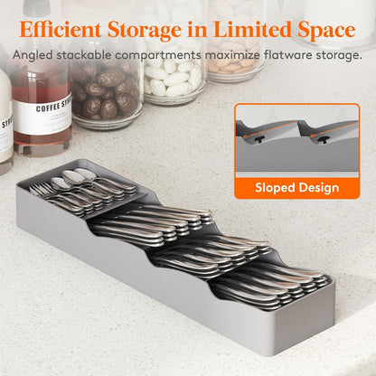 Compact Flatware Drawer Organizer, Narrow Silverware Tray for Kitchen Drawers, Plastic Cutlery Holder for Spoons, Forks and Knives, Utensils Storage Organization, 2 Pack, Gray