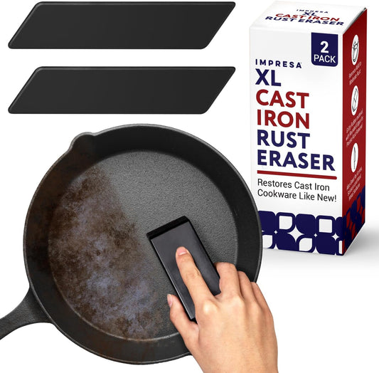 Cast Iron Rust Remover Erasers, 2-Pack XL - 4.75 x 2 x 1 Inch, Black Abrasive Rubber - Rust Remover for Cast Iron Skillets & Cookware - Versatile Metal Cleaner