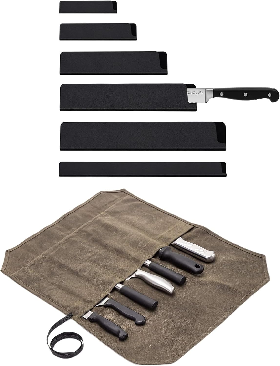 Chef Knife Roll Bag,Portable Knife Roll Waxed Canvas Knife Bag for Chefs Professional,Knife Bag Roll with 7 Slots,Attached 6 Pieces Knife Cover Guard for Home Storage, Traveling,Camping
