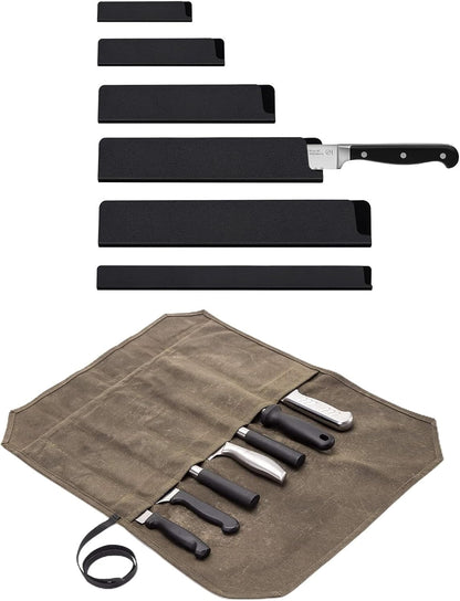 Chef Knife Roll Bag,Portable Knife Roll Waxed Canvas Knife Bag for Chefs Professional,Knife Bag Roll with 7 Slots,Attached 6 Pieces Knife Cover Guard for Home Storage, Traveling,Camping