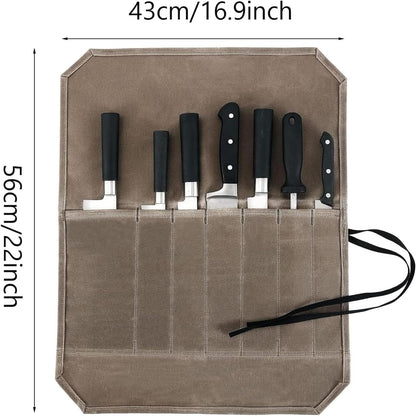 Chef Knife Roll Bag,Portable Knife Roll Waxed Canvas Knife Bag for Chefs Professional,Knife Bag Roll with 7 Slots,Attached 6 Pieces Knife Cover Guard for Home Storage, Traveling,Camping