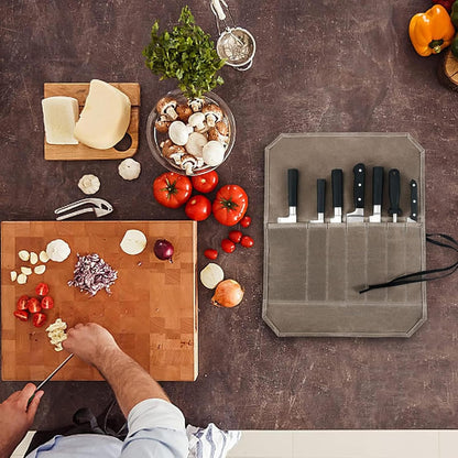 Chef Knife Roll Bag,Portable Knife Roll Waxed Canvas Knife Bag for Chefs Professional,Knife Bag Roll with 7 Slots,Attached 6 Pieces Knife Cover Guard for Home Storage, Traveling,Camping