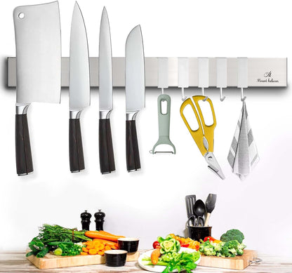 16 Inch Heavy Duty Kitchen Knife Magnetic Strip with Additional 5 Hooks-Multipurpose Stainless Steel Magnetic Tools, Knife Holder-Strong Magnetic Knife Holders for Wall No Drill required (Silver)