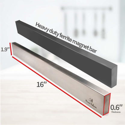 16 Inch Heavy Duty Kitchen Knife Magnetic Strip with Additional 5 Hooks-Multipurpose Stainless Steel Magnetic Tools, Knife Holder-Strong Magnetic Knife Holders for Wall No Drill required (Silver)