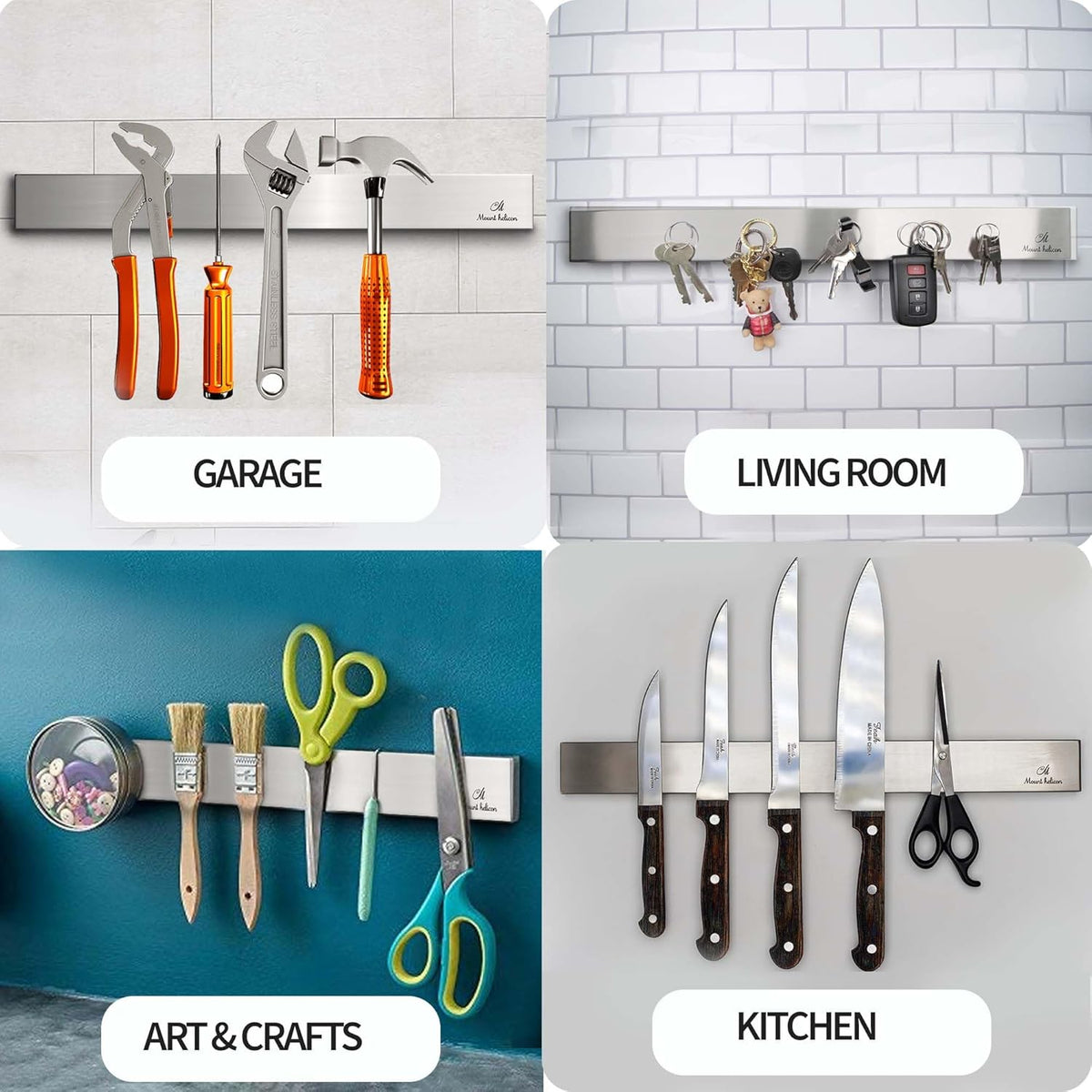 16 Inch Heavy Duty Kitchen Knife Magnetic Strip with Additional 5 Hooks-Multipurpose Stainless Steel Magnetic Tools, Knife Holder-Strong Magnetic Knife Holders for Wall No Drill required (Silver)