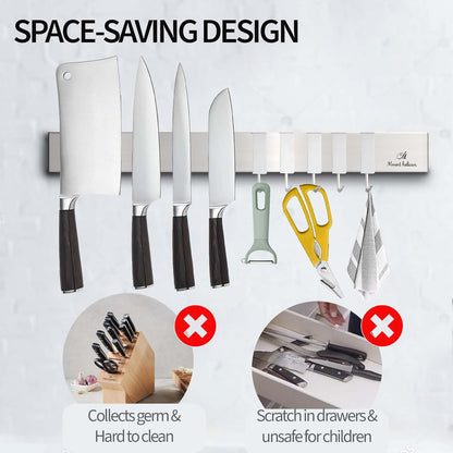 16 Inch Heavy Duty Kitchen Knife Magnetic Strip with Additional 5 Hooks-Multipurpose Stainless Steel Magnetic Tools, Knife Holder-Strong Magnetic Knife Holders for Wall No Drill required (Silver)