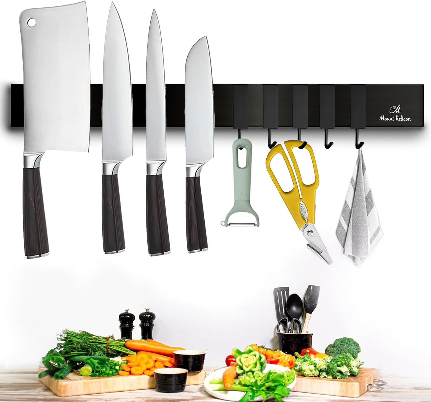 16 Inch Heavy Duty Kitchen Knife Magnetic Strip with Additional 5 Hooks-Multipurpose Stainless Steel Magnetic Tools, Knife Holder-Strong Magnetic Knife Holders for Wall No Drill required (Silver)