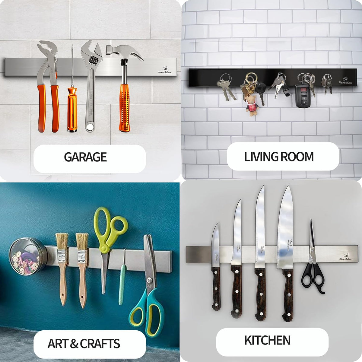 16 Inch Heavy Duty Kitchen Knife Magnetic Strip with Additional 5 Hooks-Multipurpose Stainless Steel Magnetic Tools, Knife Holder-Strong Magnetic Knife Holders for Wall No Drill required (Silver)