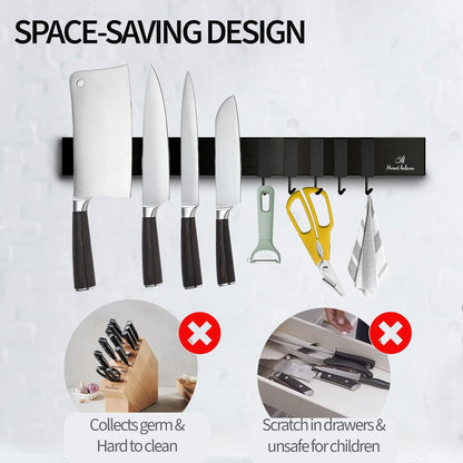 16 Inch Heavy Duty Kitchen Knife Magnetic Strip with Additional 5 Hooks-Multipurpose Stainless Steel Magnetic Tools, Knife Holder-Strong Magnetic Knife Holders for Wall No Drill required (Silver)