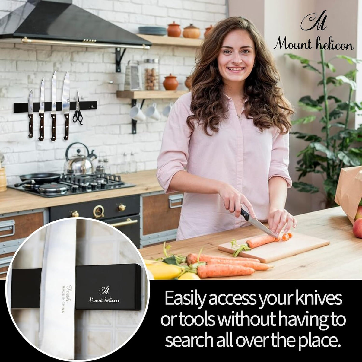 16 Inch Heavy Duty Kitchen Knife Magnetic Strip with Additional 5 Hooks-Multipurpose Stainless Steel Magnetic Tools, Knife Holder-Strong Magnetic Knife Holders for Wall No Drill required (Silver)