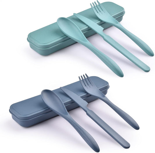 Zoyiancy 2 Sets Reusable Utensil Set with Case, Green, Blue Travel Utensils | Spoon Knife Fork Lunch Box, Wheat Straw, Portable Easy To Carry, Dishwasher Safe, Office School Camping Travel Daily Use