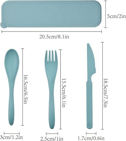 Zoyiancy 2 Sets Reusable Utensil Set with Case, Green, Blue Travel Utensils | Spoon Knife Fork Lunch Box, Wheat Straw, Portable Easy To Carry, Dishwasher Safe, Office School Camping Travel Daily Use